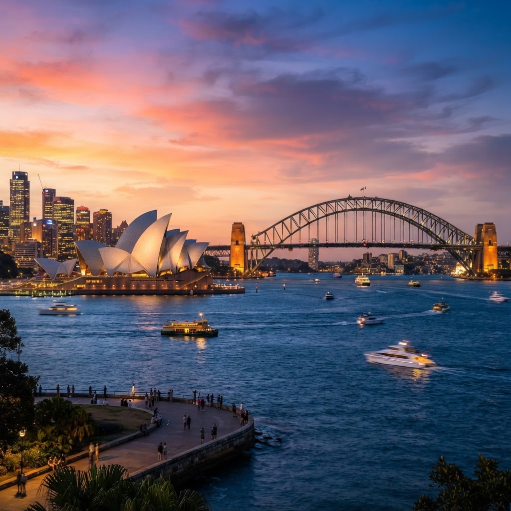 Sydney Opera House and Harbour Bridge at sunset