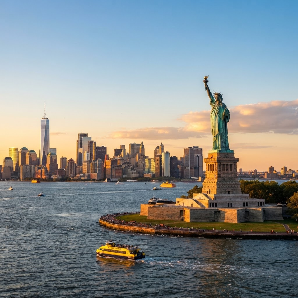 Statue of Liberty with the Manhattan skyline behind it