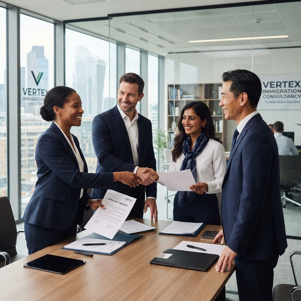 Immigration consultants advising clients in a modern office