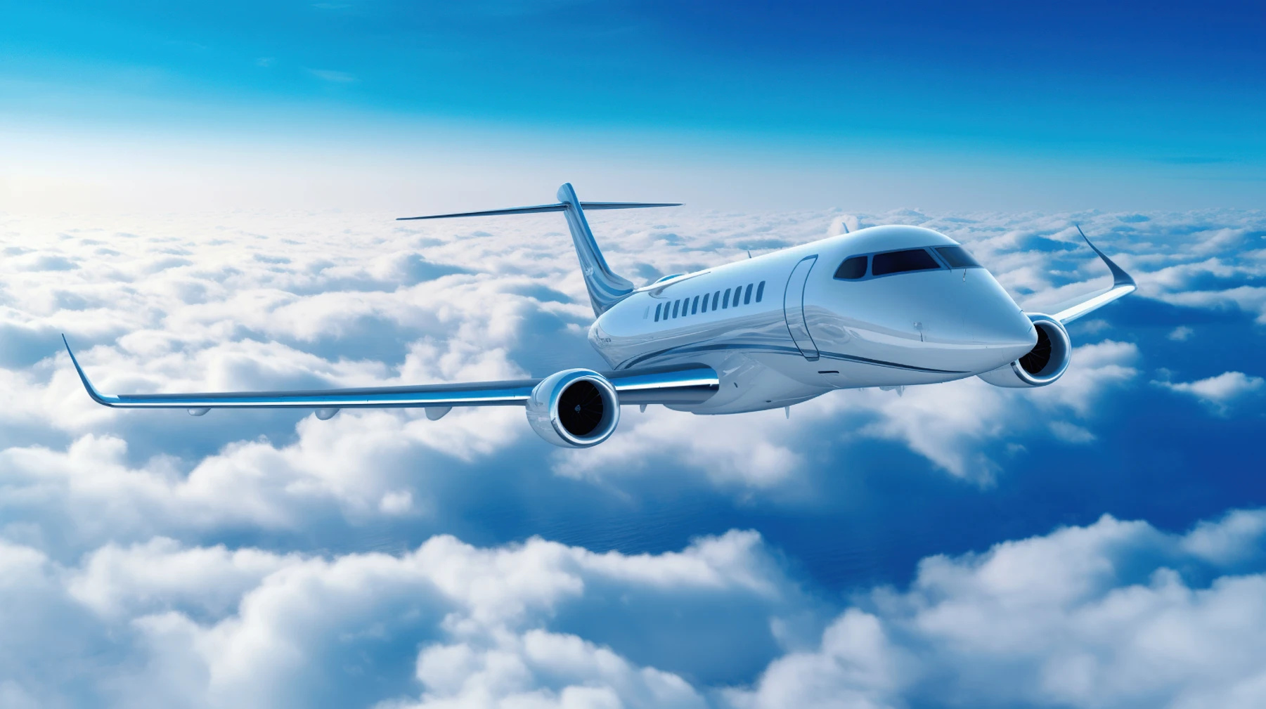 A private jet flying above the clouds